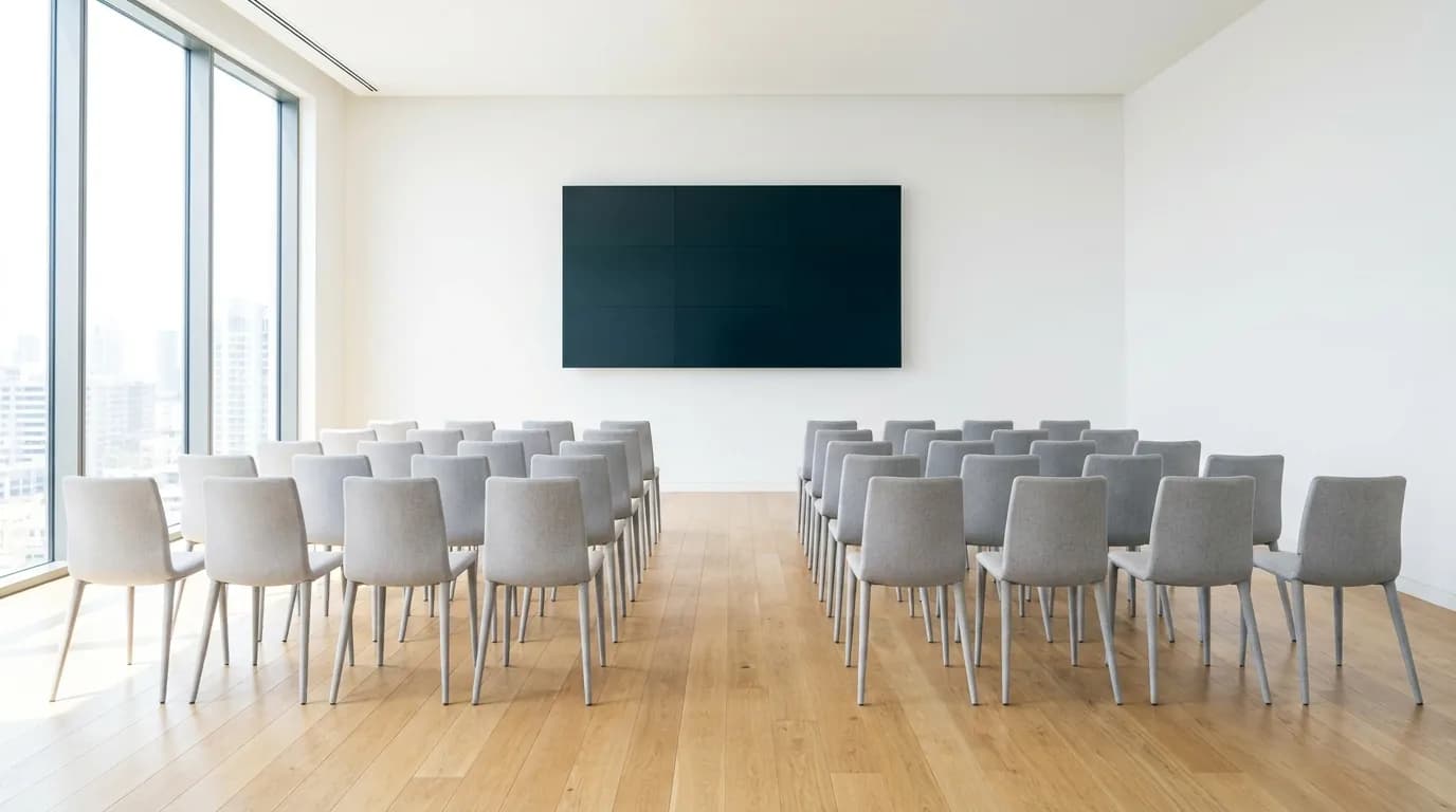 Sala de capacitacion luminosa con sillas ordenadas y pantalla apagada junto a un ventanal