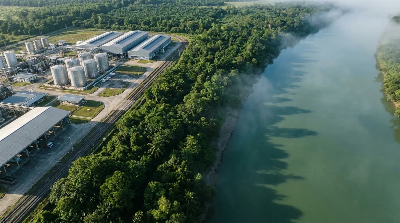 Vista aerea de una planta industrial junto a un rio y vegetacion, con tanques y vias internas