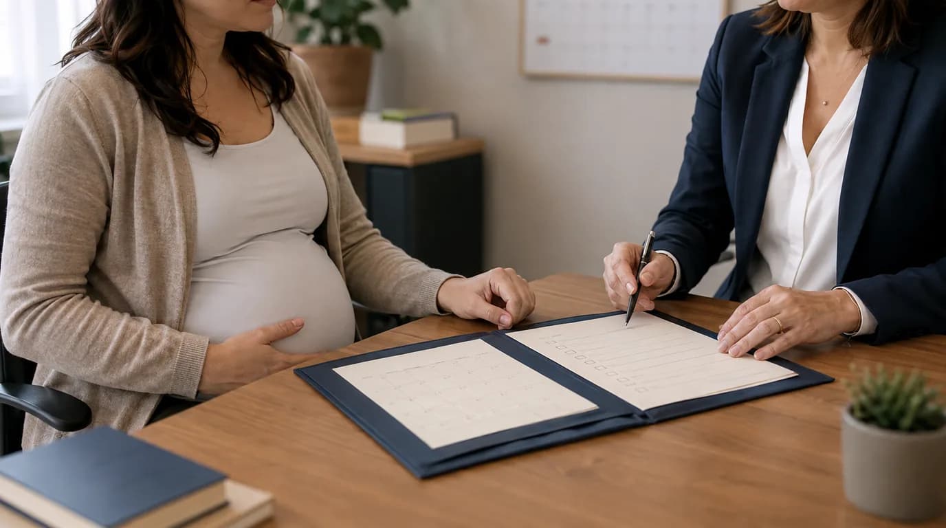 Profesional embarazada revisa el calendario de su licencia con una especialista de gestión humana