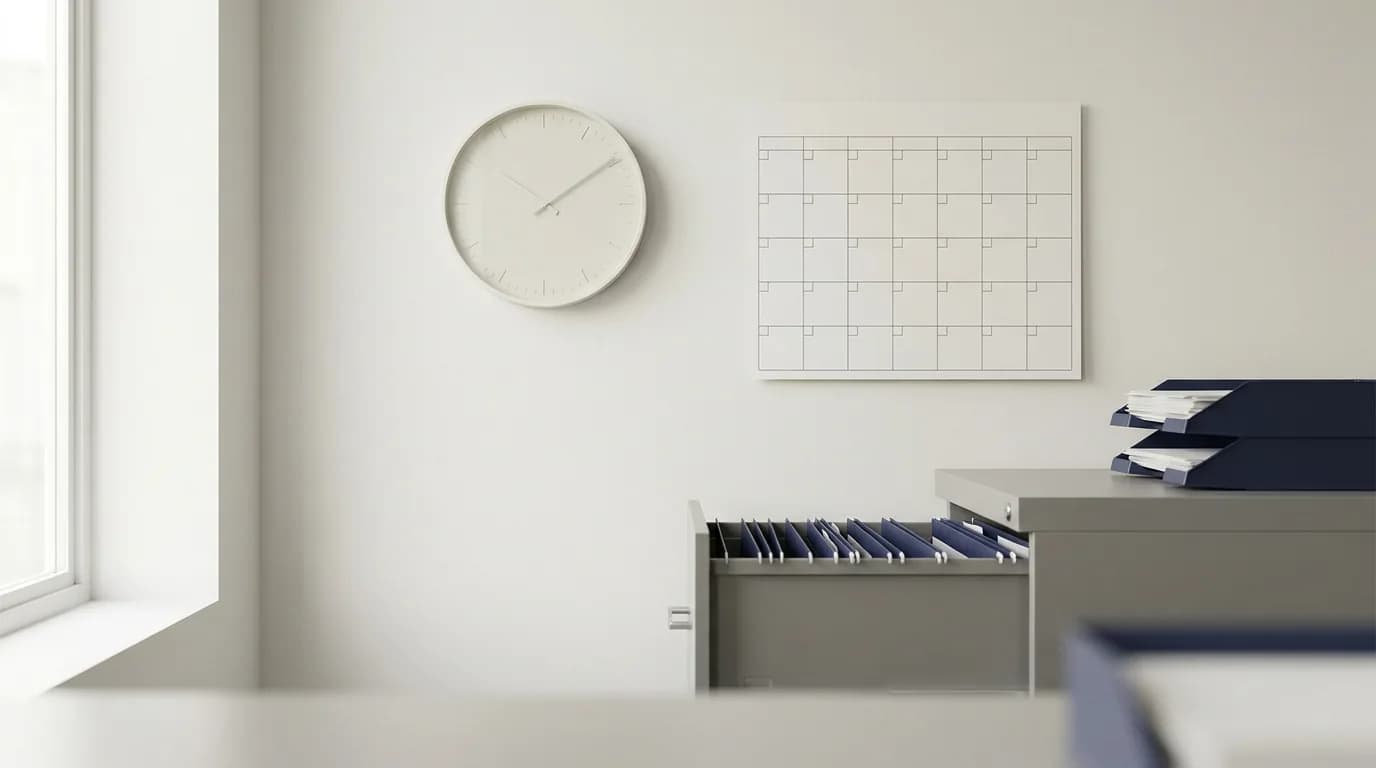 Reloj de pared y calendario de oficina sobre una pared clara, junto a un archivador con carpetas
