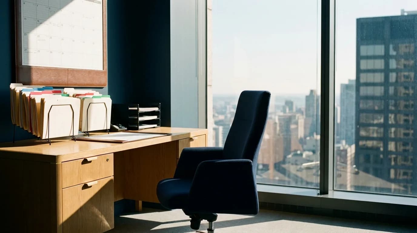 Escritorio de gestion humana con carpetas de personal, calendario y una silla vacia junto a un ventanal