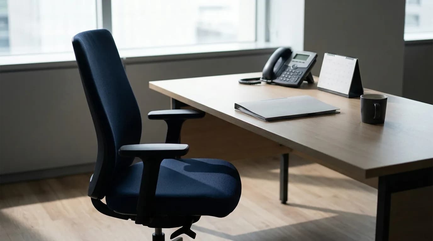 Puesto de trabajo vacio junto a una ventana, con la silla retirada y un telefono de escritorio sobre la mesa