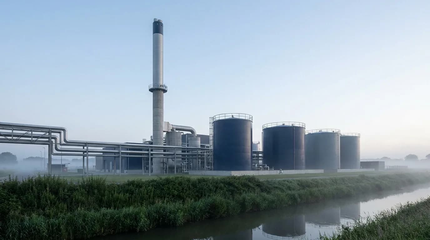 Planta industrial vista desde el exterior al amanecer, con tuberias, tanques de almacenamiento y una franja de vegetacion en primer plano