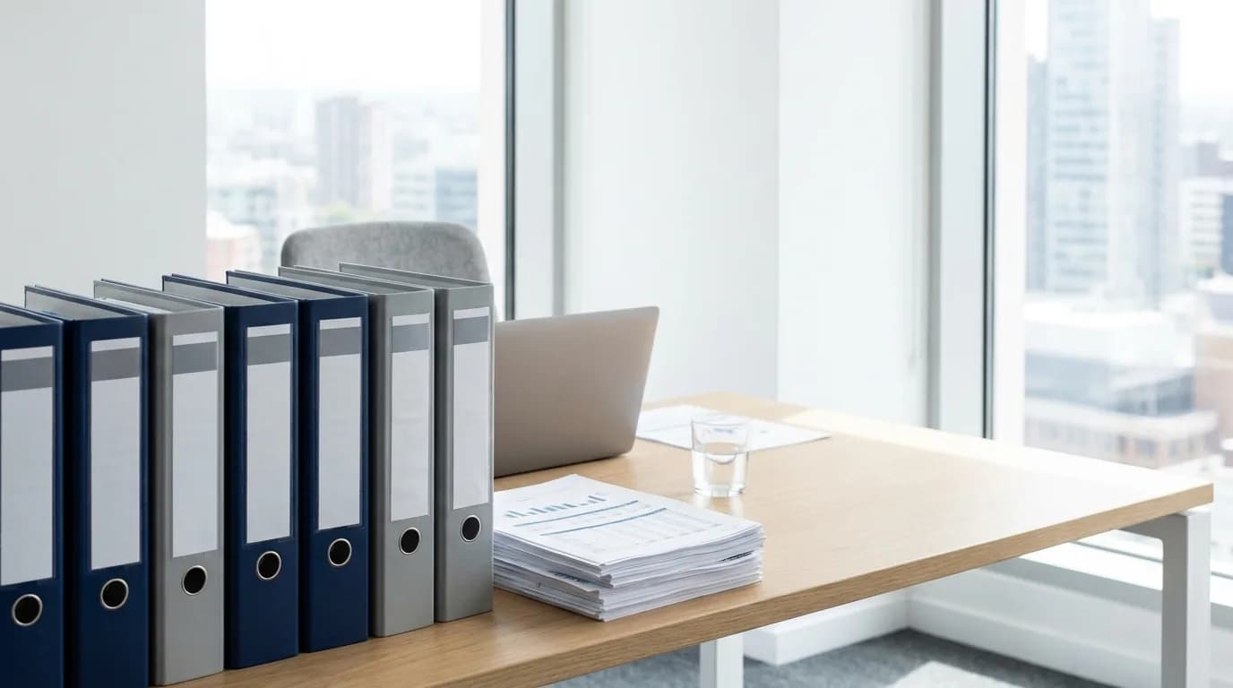 Carpetas de archivo etiquetadas y hojas impresas apiladas sobre un escritorio junto a un portatil cerrado