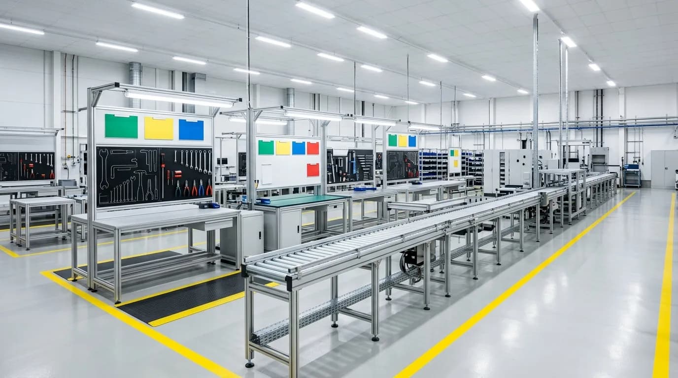 Linea de produccion ordenada con tableros visuales de gestion, piso demarcado y herramientas organizadas en paneles