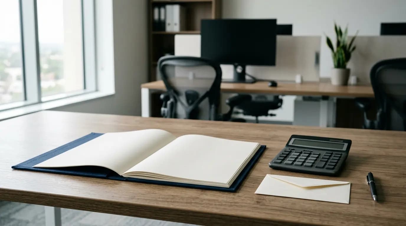 Mesa de oficina con una carpeta de nomina, una calculadora y un talonario de pagos junto a un monitor apagado