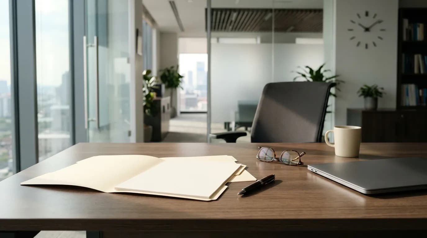 Escritorio de oficina de recursos humanos con una carpeta abierta con hojas en blanco, un boligrafo, gafas y un portatil cerrado