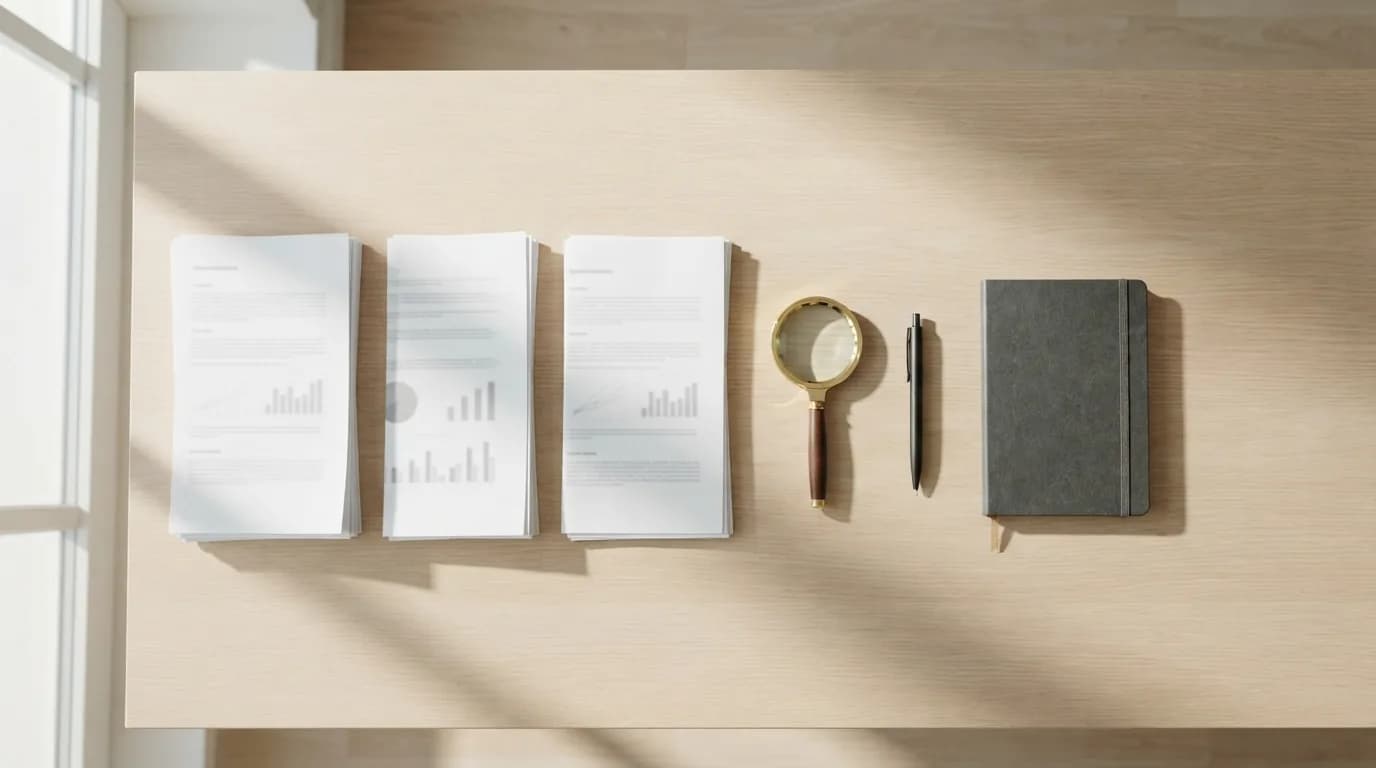 Mesa de trabajo con documentos normativos ordenados y una lámpara sobre fondo claro