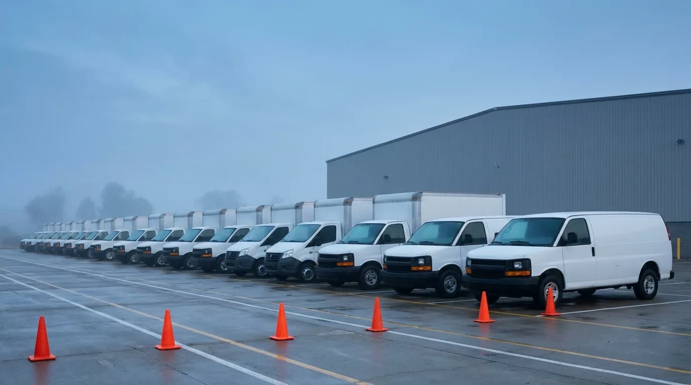 Flota de camiones y camionetas blancas estacionadas en fila en el patio de una empresa al amanecer