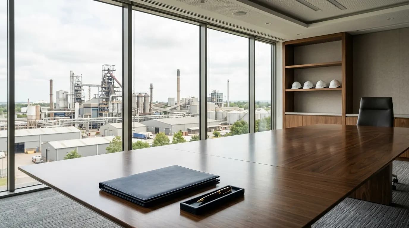 Sala de juntas vacia con una carpeta y un boligrafo sobre la mesa, cascos de seguridad en un estante y una planta industrial al fondo
