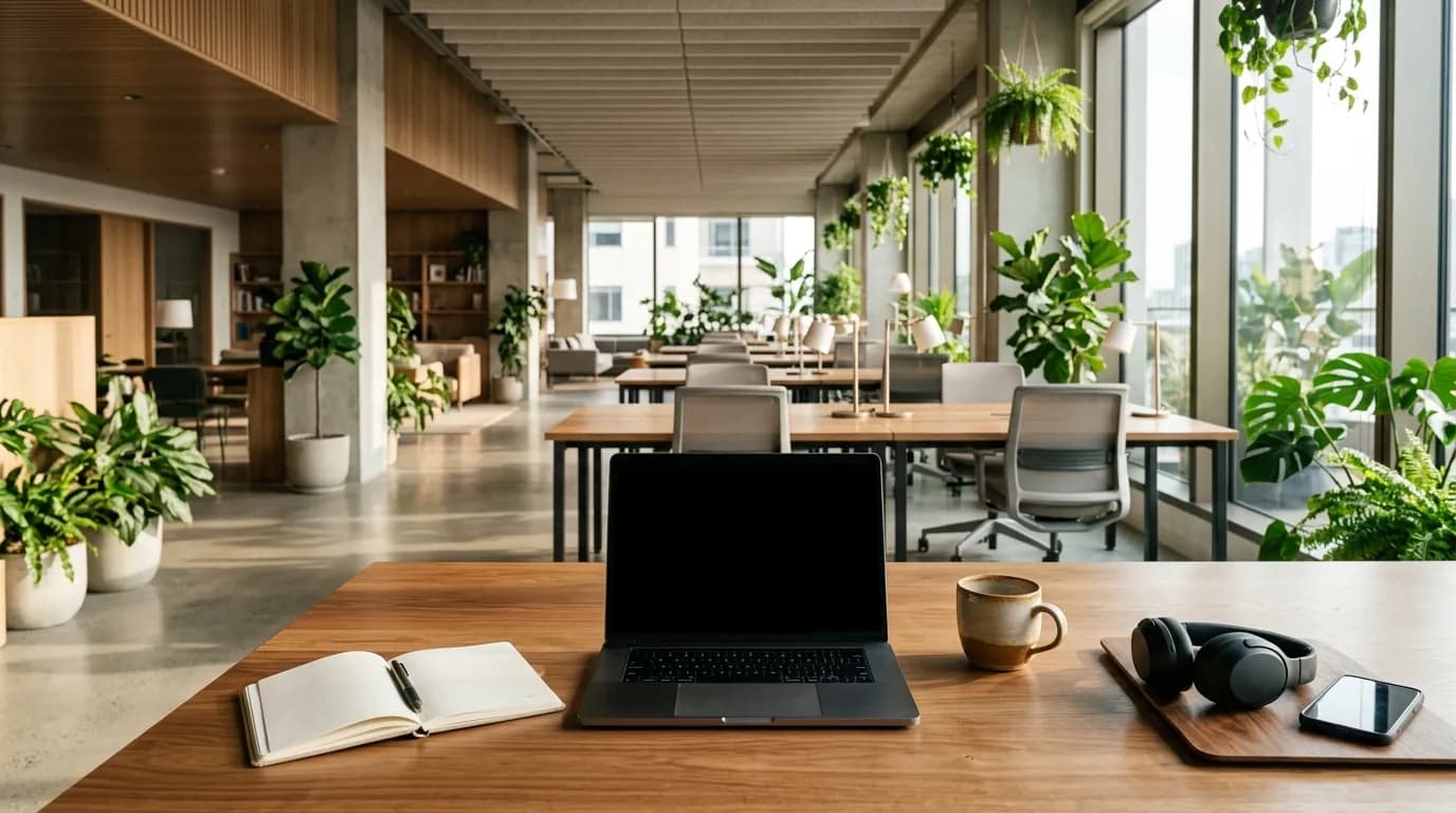 Mesa de un espacio de coworking con un portatil abierto con la pantalla apagada, una libreta, una taza de cafe y unos audifonos