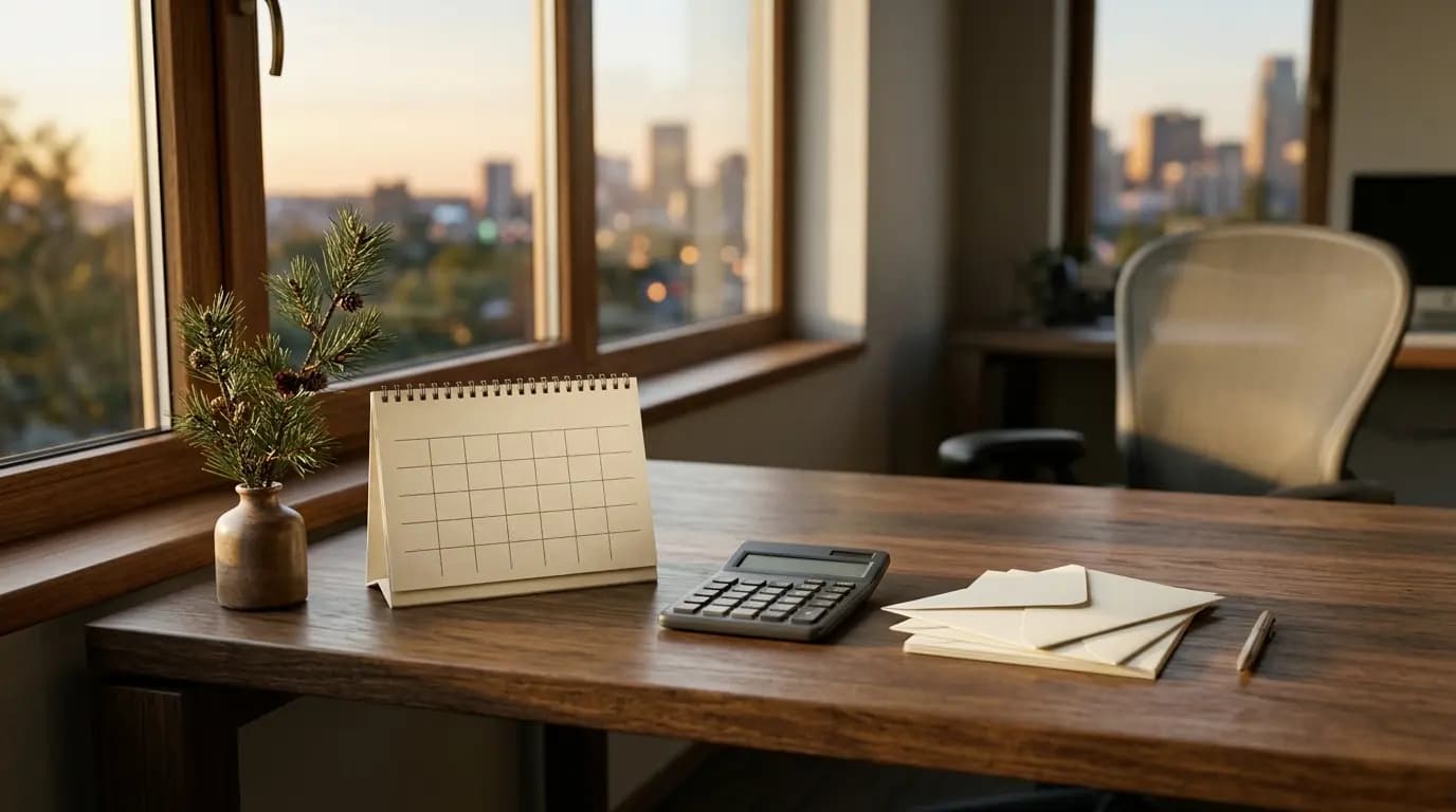 Escritorio con un calendario de diciembre, una calculadora y sobres de pago junto a una ventana con luz de tarde