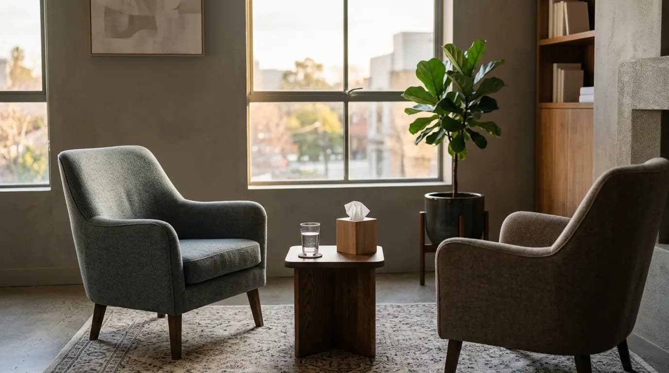 Sala de descanso tranquila con dos sillas enfrentadas, una mesa baja con un vaso de agua y una caja de panuelos junto a una ventana