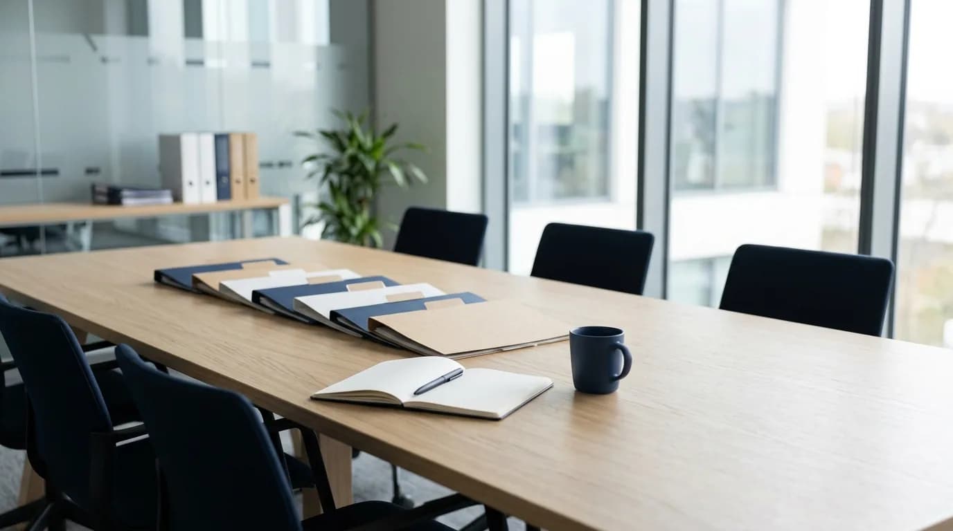 Mesa de reuniones de recursos humanos con carpetas de candidatos ordenadas, una libreta abierta y una taza de cafe junto a una ventana