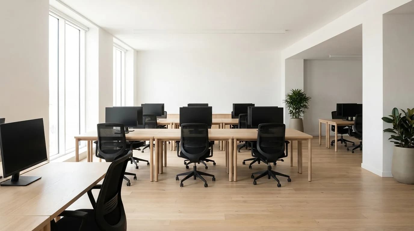 Oficina diafana e iluminada con puestos de trabajo ordenados junto a ventanal
