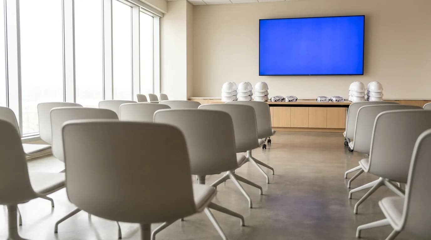Sala de formación con sillas alineadas frente a una pantalla encendida y, sobre la credenza, cascos de seguridad blancos y gafas de protección ordenados