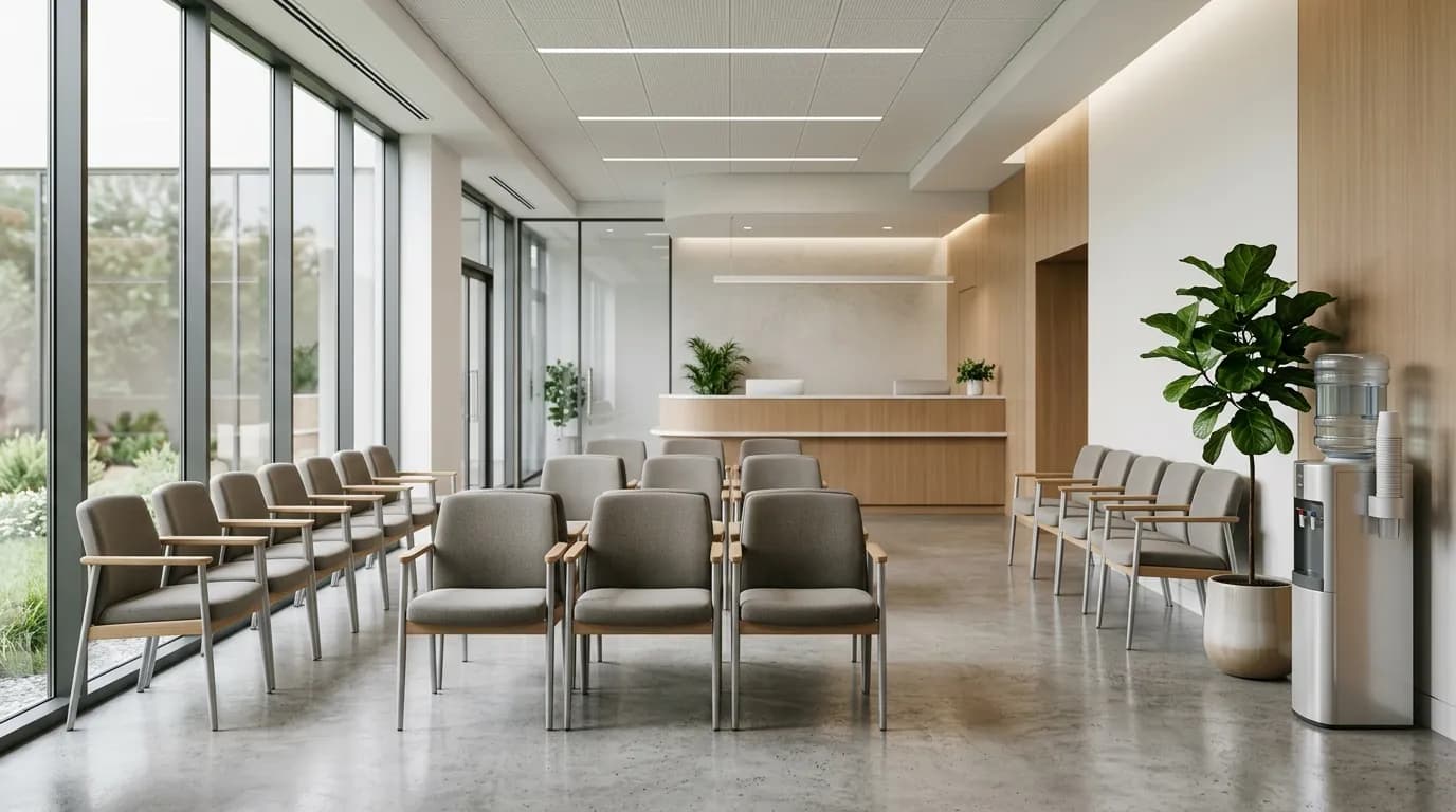 Sala de espera de un consultorio medico vacia con sillas tapizadas alineadas, una planta y un dispensador de agua