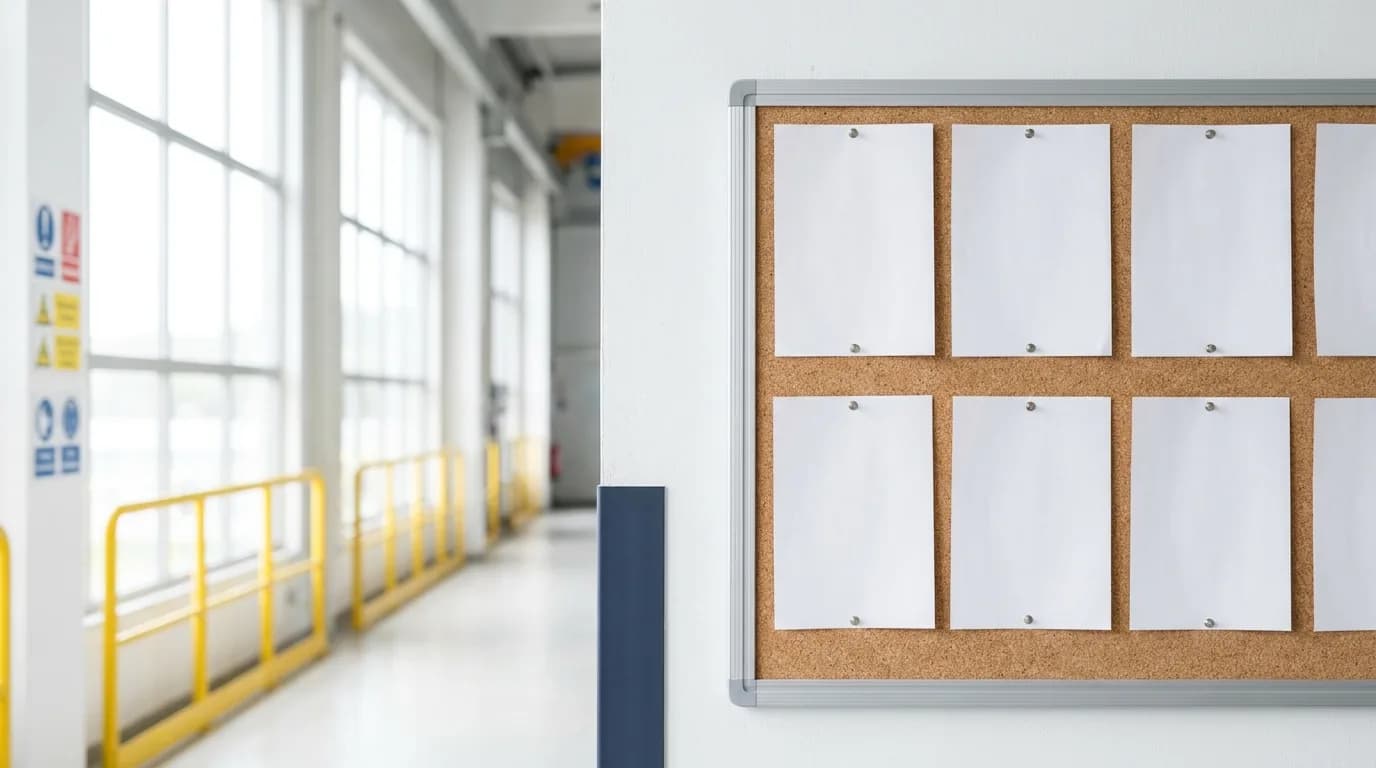 Cartelera informativa en un pasillo industrial con documentos fijados y senalizacion de seguridad al fondo