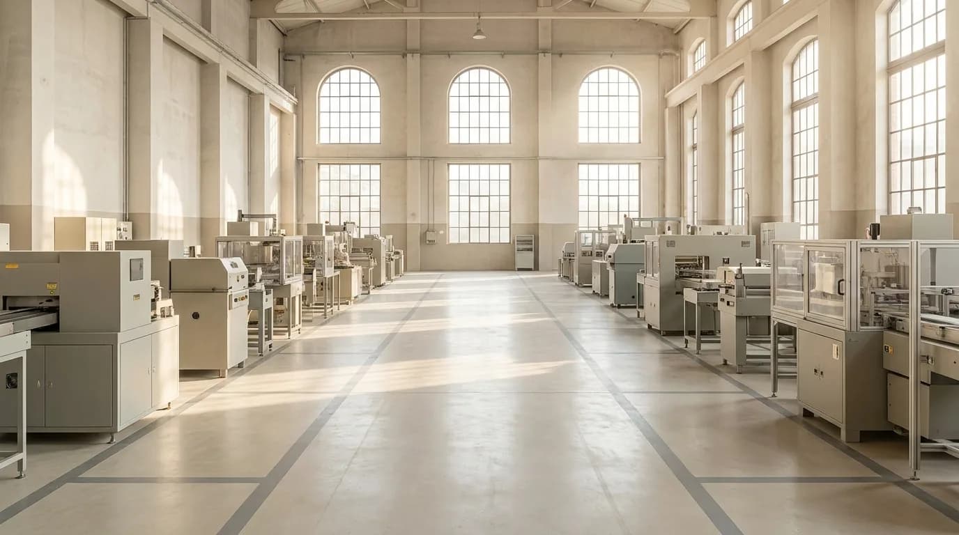 Nave industrial luminosa y ordenada con pasillo despejado y ventanales altos
