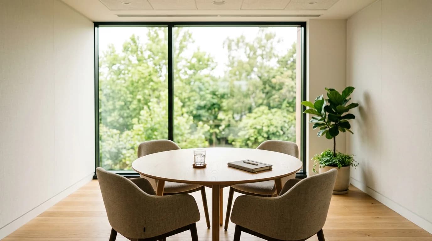 Sala de reuniones luminosa con mesa redonda, cuatro sillas y un ventanal con vegetacion afuera