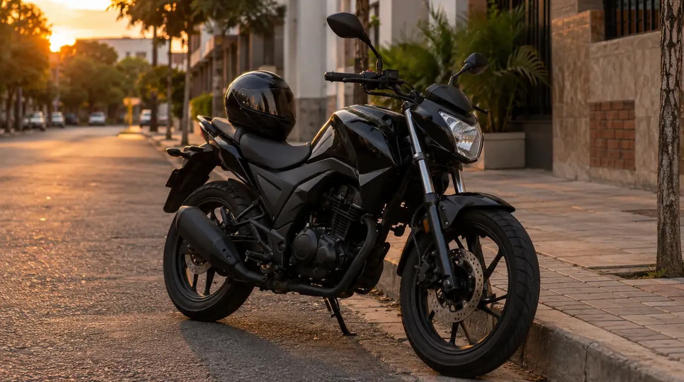 Motocicleta negra estacionada junto al anden de una calle urbana con un casco sobre el asiento, al atardecer