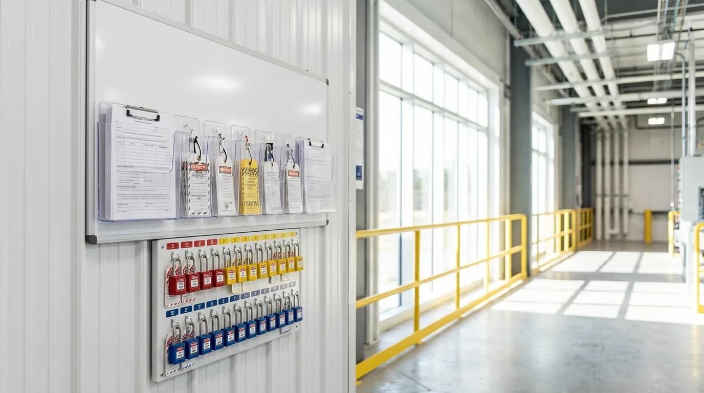 Tablero de permisos de trabajo con formularios y candados de bloqueo colgados en una pared de planta industrial