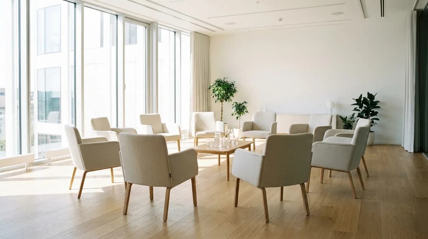 Sala amplia y luminosa con sillas dispuestas en circulo junto a un ventanal