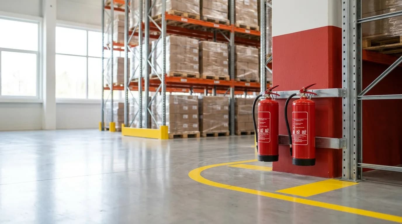 Dos extintores rojos sobre soporte de pared roja con el área libre demarcada en amarillo en el piso de una bodega con estanterías