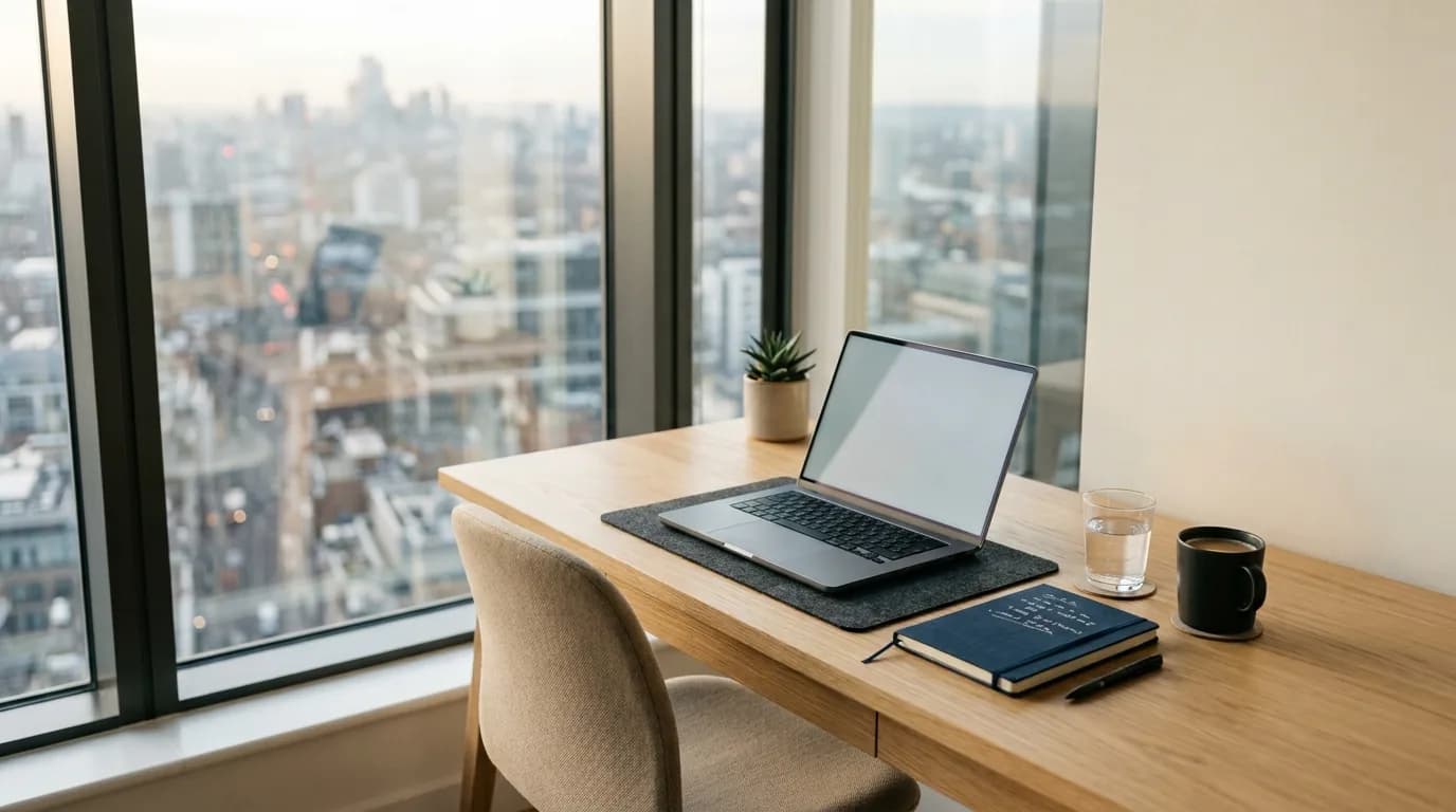 Escritorio de trabajo remoto con computador portatil y documentos junto a una ventana