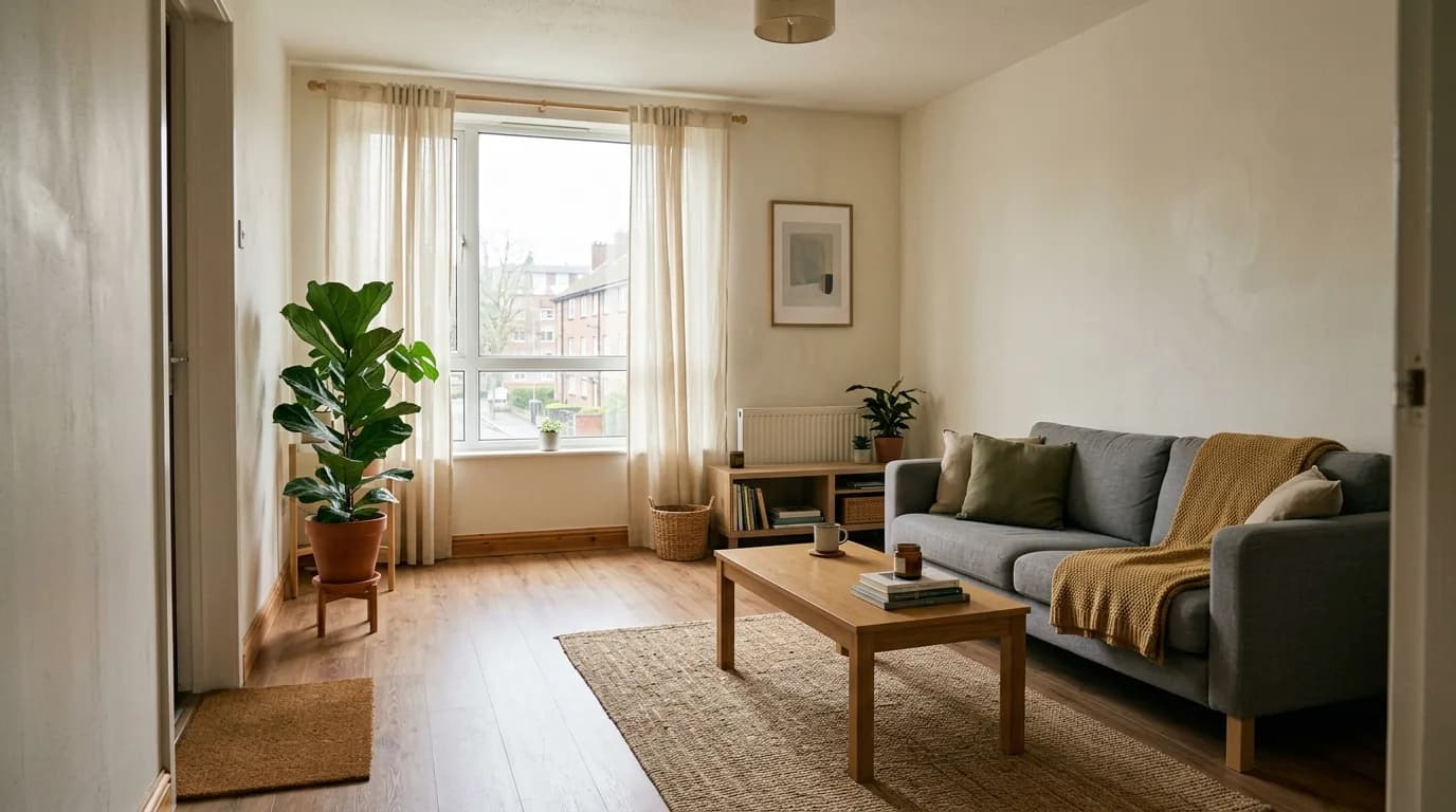 Sala de vivienda urbana ordenada con sofa y mesa de centro vista desde la entrada