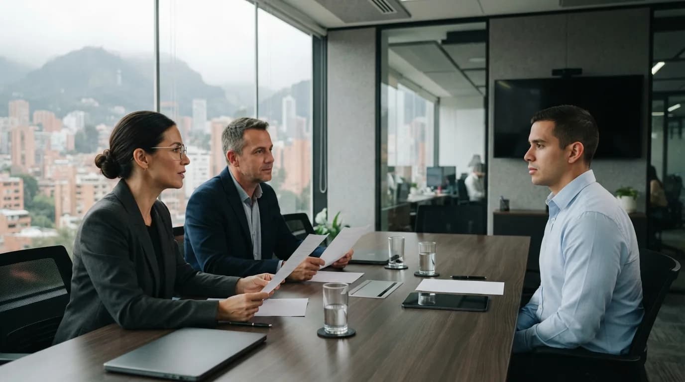 Entrevista de seleccion de personal entre dos profesionales en una sala de reuniones en Bogota